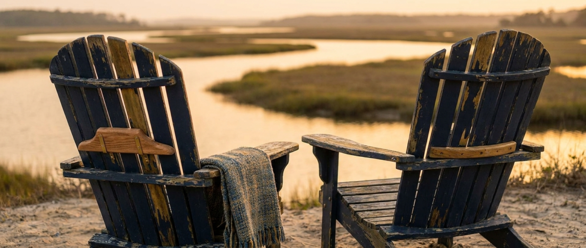 Couples Therapy Mount Pleasant, SC — two Adirondack chairs side by side facing a calm marsh at golden hour