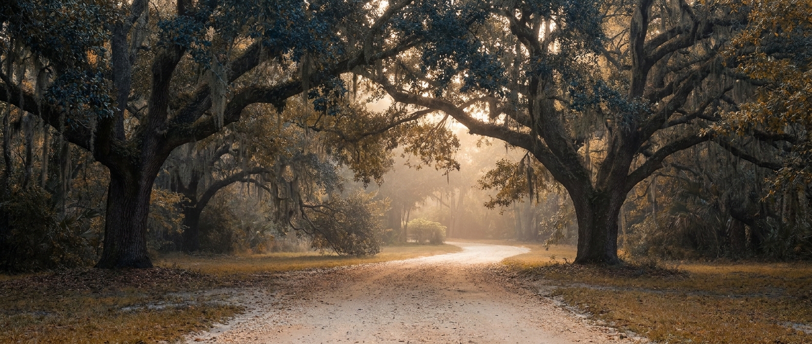 Marriage Counseling Mount Pleasant, SC — a garden path curving between two live oaks toward warm golden light