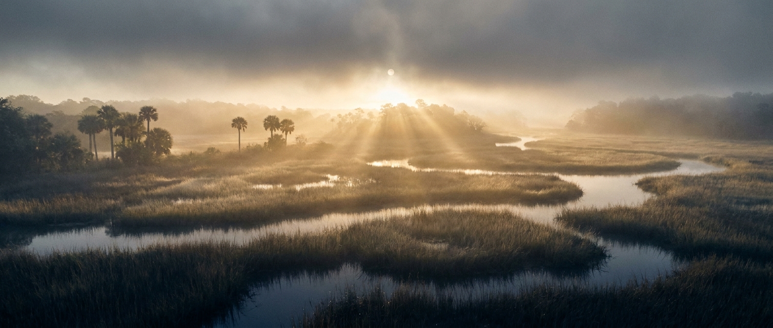 Depression Therapy Mount Pleasant, SC — first warm light breaking over a misty Lowcountry marsh at dawn