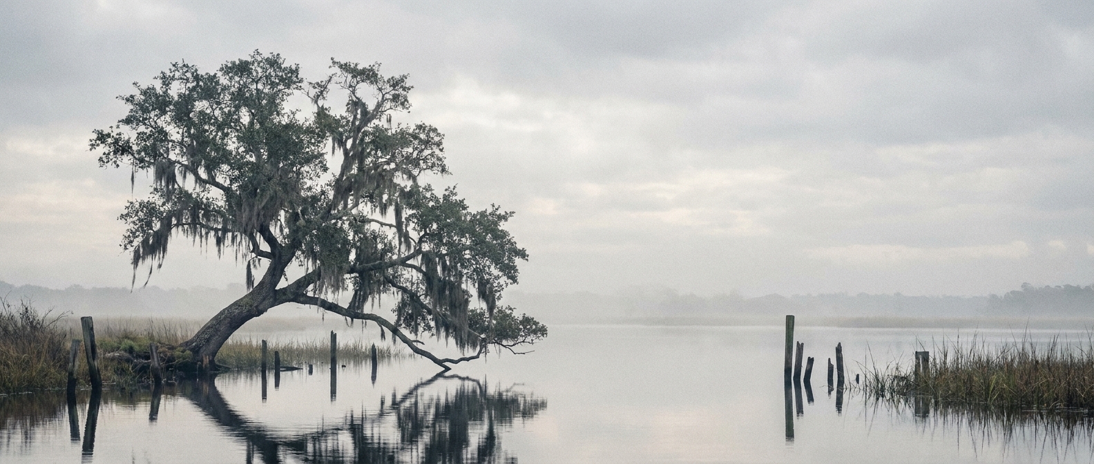 Grief Counseling Charleston, SC — a solitary live oak with Spanish moss beside still water under soft light