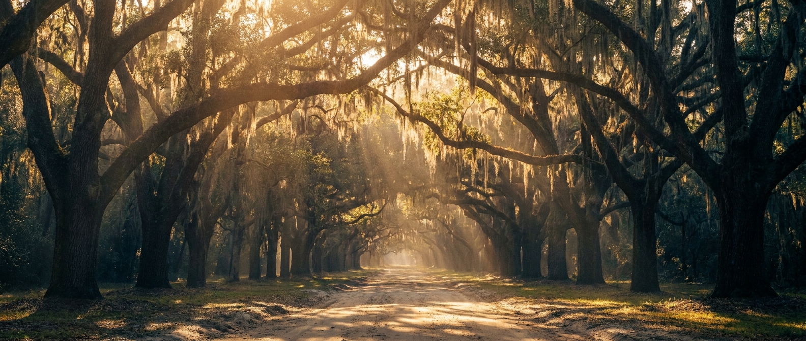Therapist Charleston Metro, SC — a Lowcountry live oak avenue draped in Spanish moss in soft morning light