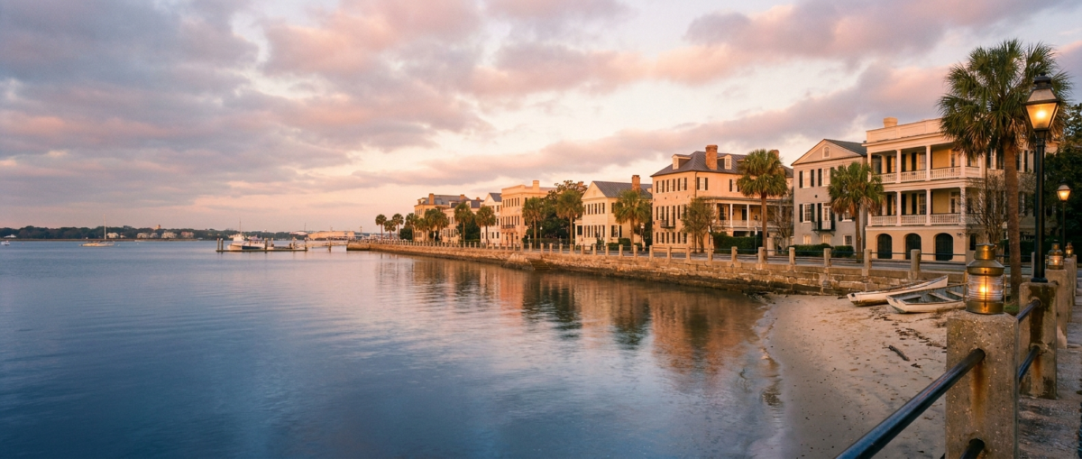 Therapist Charleston, SC — quiet historic Charleston waterfront at dawn with calm harbor water