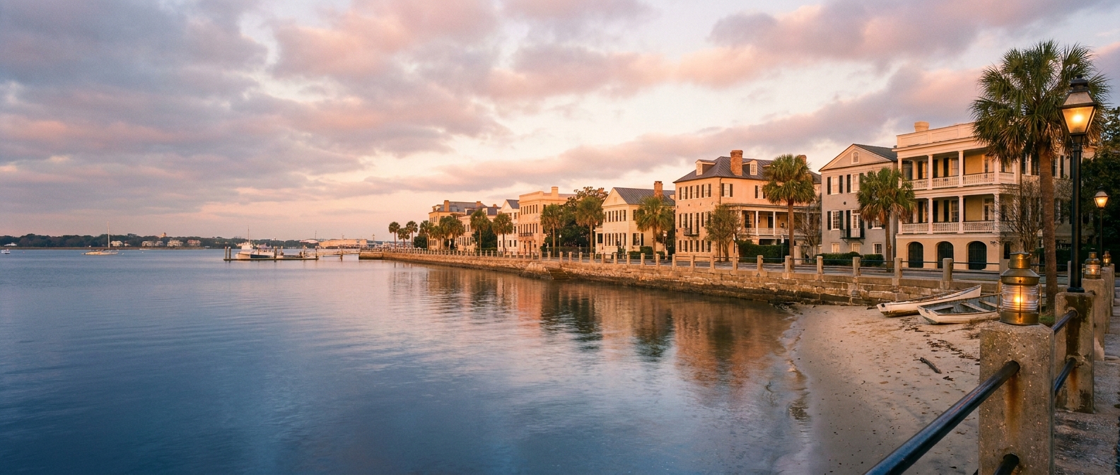 Therapist Charleston, SC — quiet historic Charleston waterfront at dawn with calm harbor water
