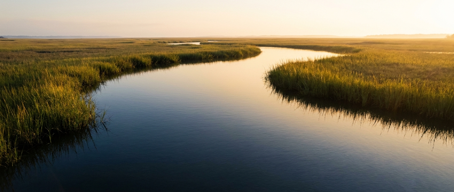 Therapist North Charleston, SC — a calm tidal creek winding through marsh near North Charleston at golden hour