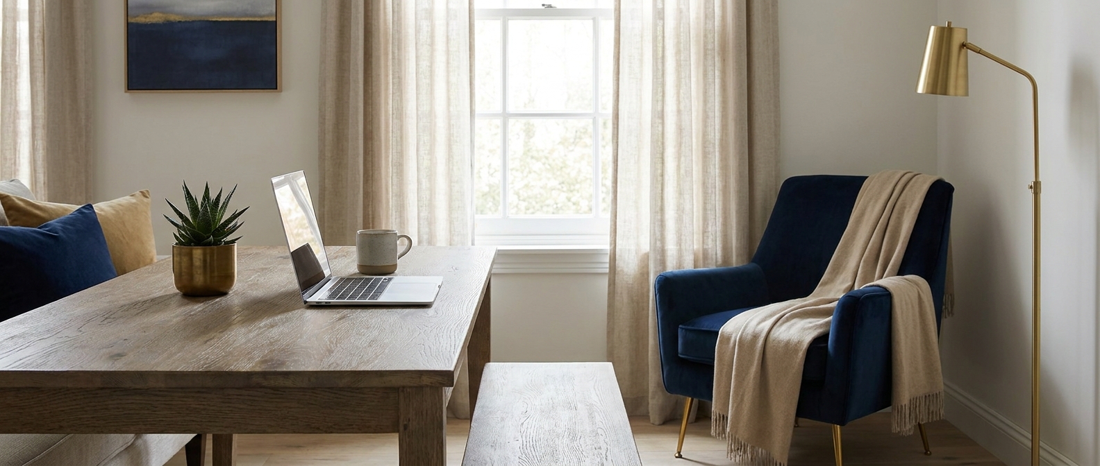 Online Therapy South Carolina — a calm, light-filled home space with a laptop by a sunlit window