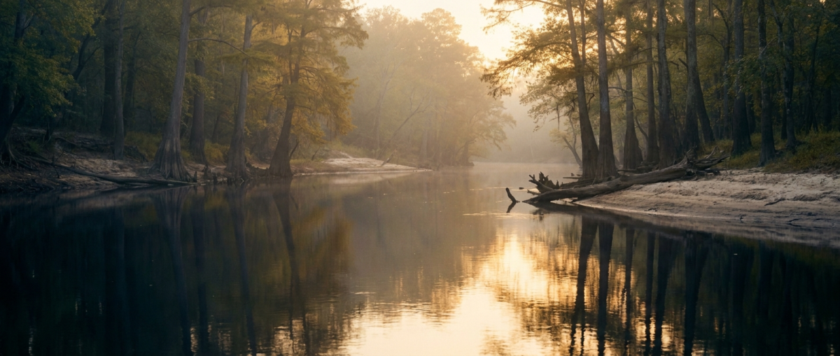 Online Therapy Columbia, SC — a calm river at soft dawn in the South Carolina Midlands near Columbia