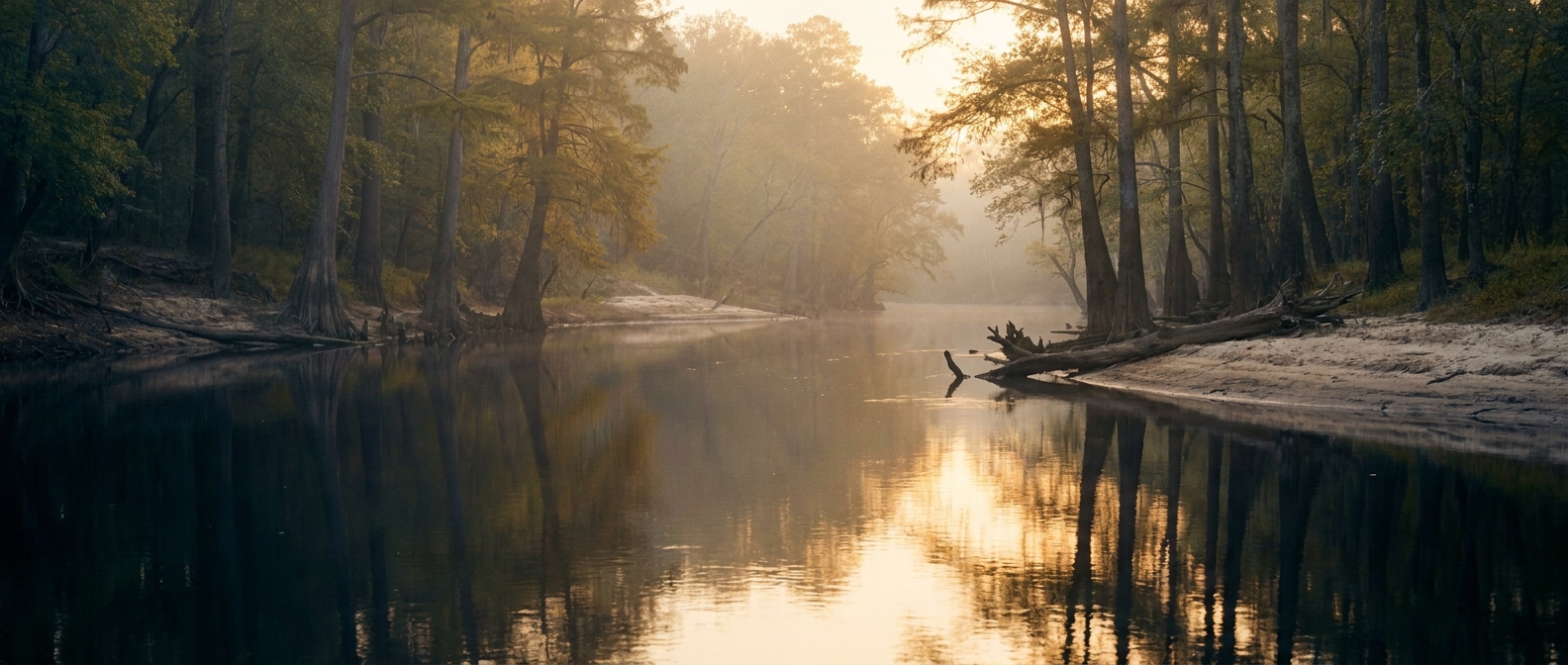 Online Therapy Columbia, SC — a calm river at soft dawn in the South Carolina Midlands near Columbia