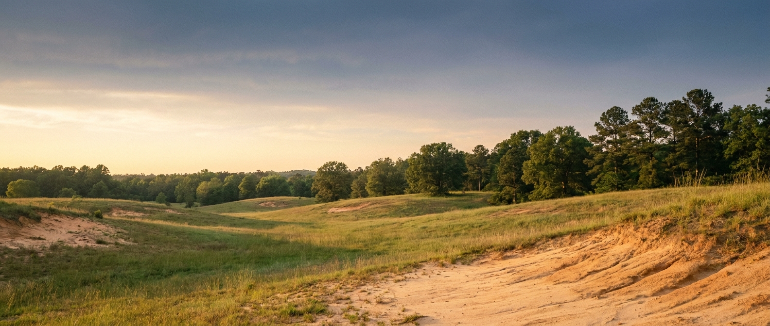Online Therapy Rock Hill, SC — a quiet South Carolina Piedmont meadow and tree line at golden hour