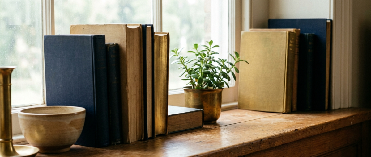 Jeff Marcino Credentials Licensure — a quiet sunlit shelf of books and a small plant on a warm wooden surface
